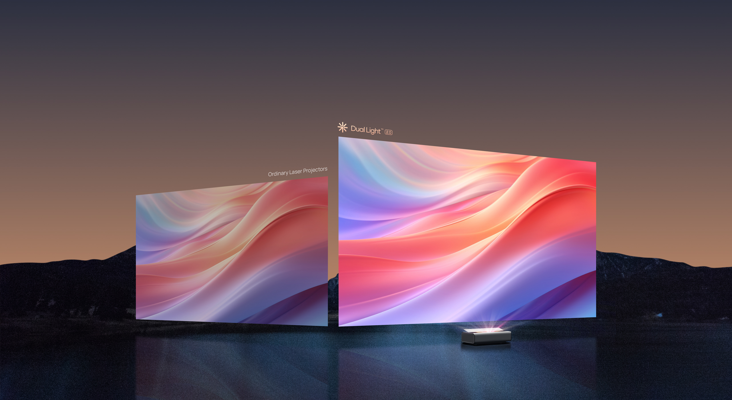 Comparison of projection quality between Dual Light 2.0 and ordinary laser projectors, highlighting superior color vibrancy and brightness